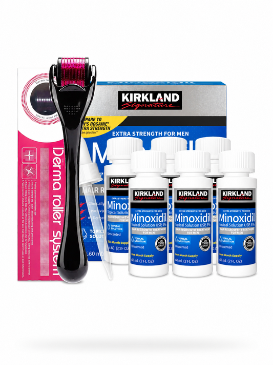 CAJA DE MINOXIDIL X6 UND + GOTERO + DERMAROLLER